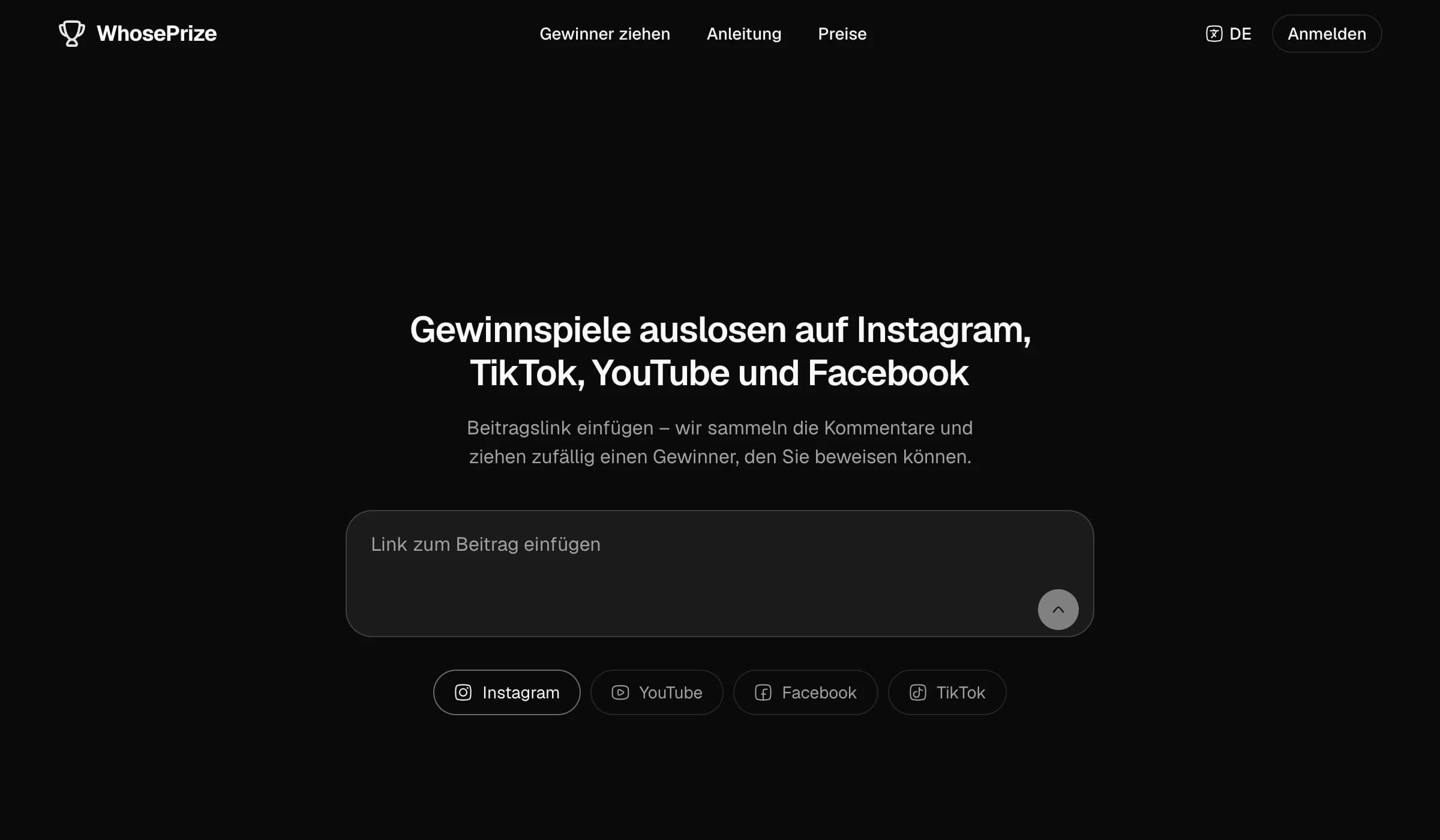 Startseite des Gewinnspiel-Tools WhosePrize mit einem Feld für den Link zu einem Instagram-, TikTok-, YouTube- oder Facebook-Beitrag