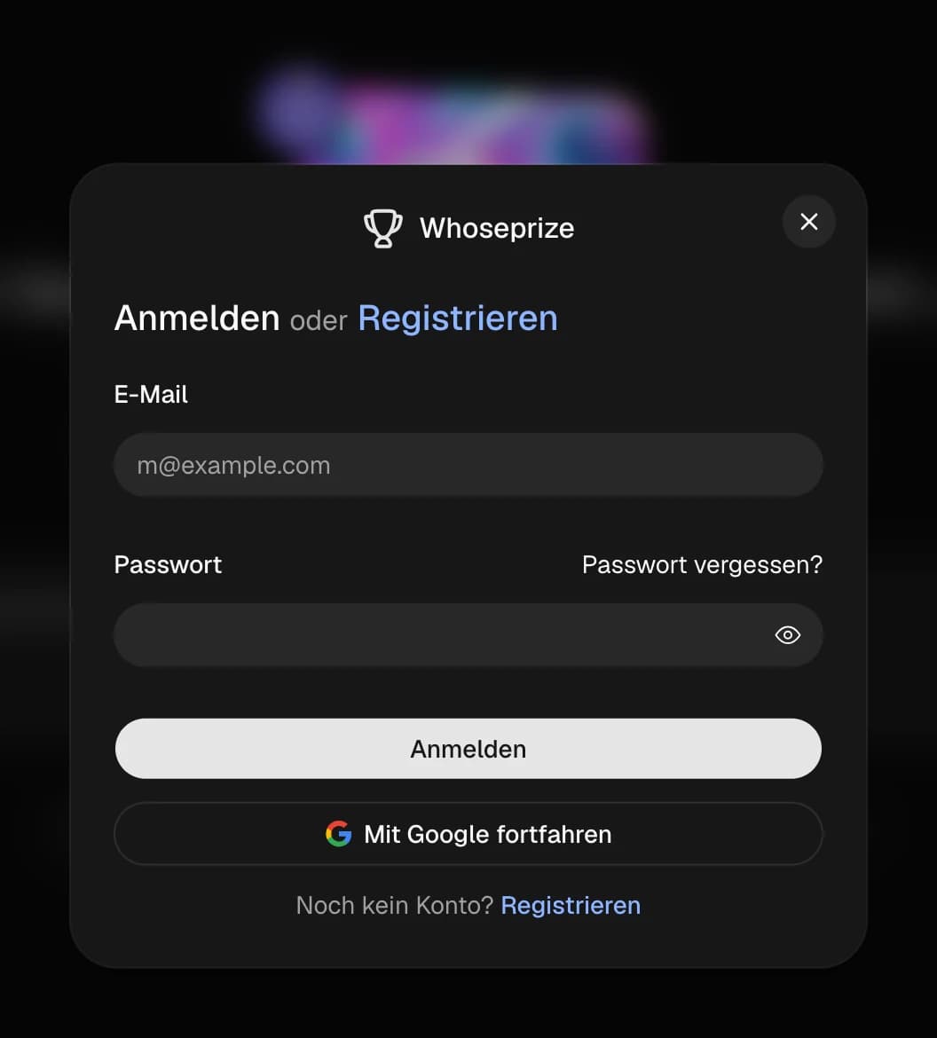 Anmeldefenster von WhosePrize mit E-Mail oder Google