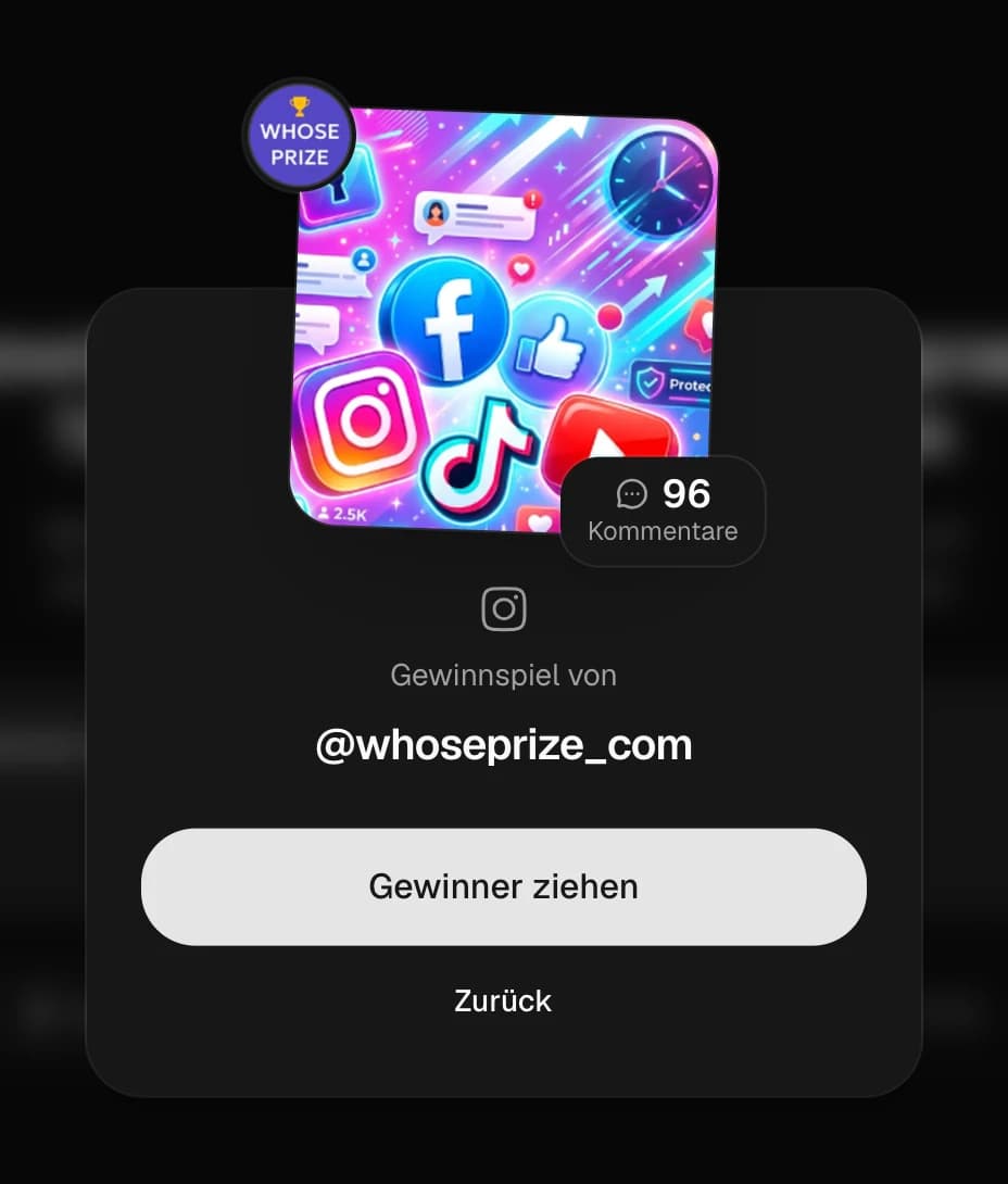 Karte eines Instagram-Beitrags mit Anzahl der Kommentare und dem Button „Gewinner ziehen“