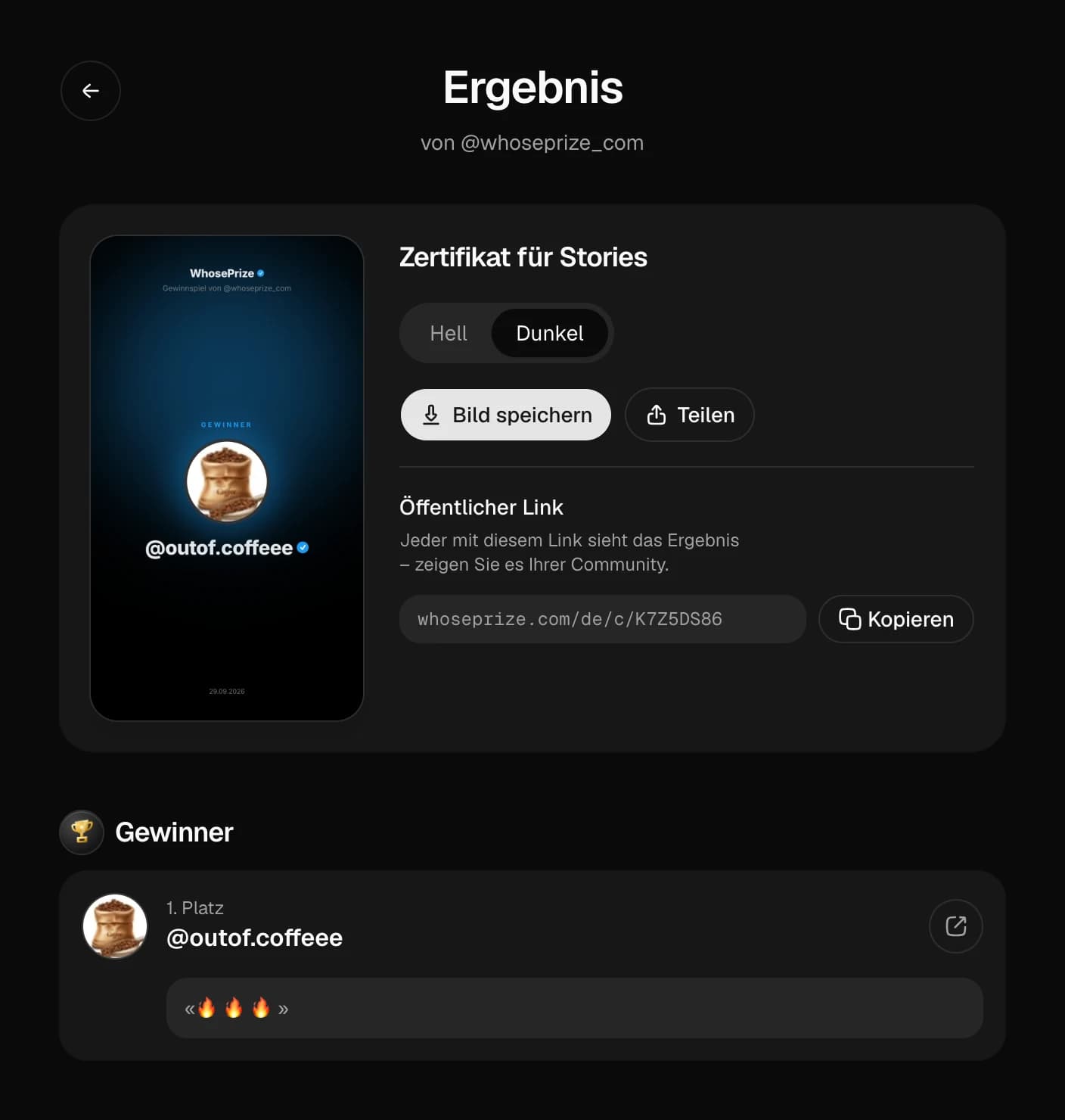 Ergebnisseite des Gewinnspiels: Gewinner-Zertifikat für Stories, helles und dunkles Design, öffentlicher Link