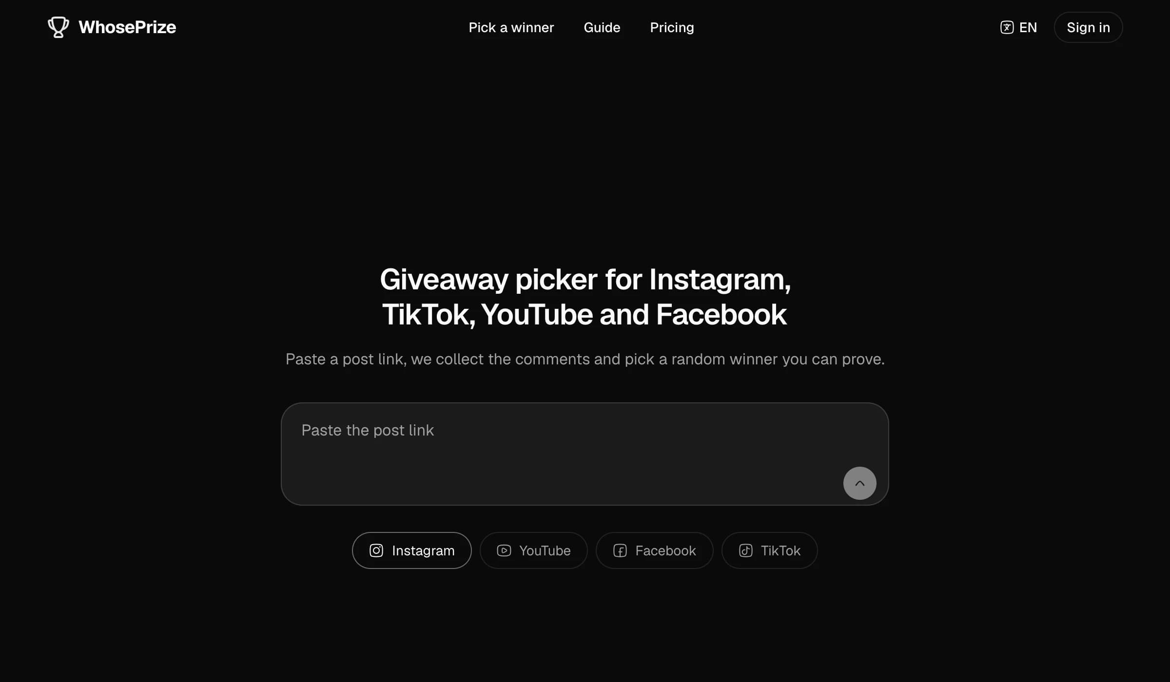 WhosePrize giveaway picker home page with a field for an Instagram, TikTok, YouTube or Facebook post link