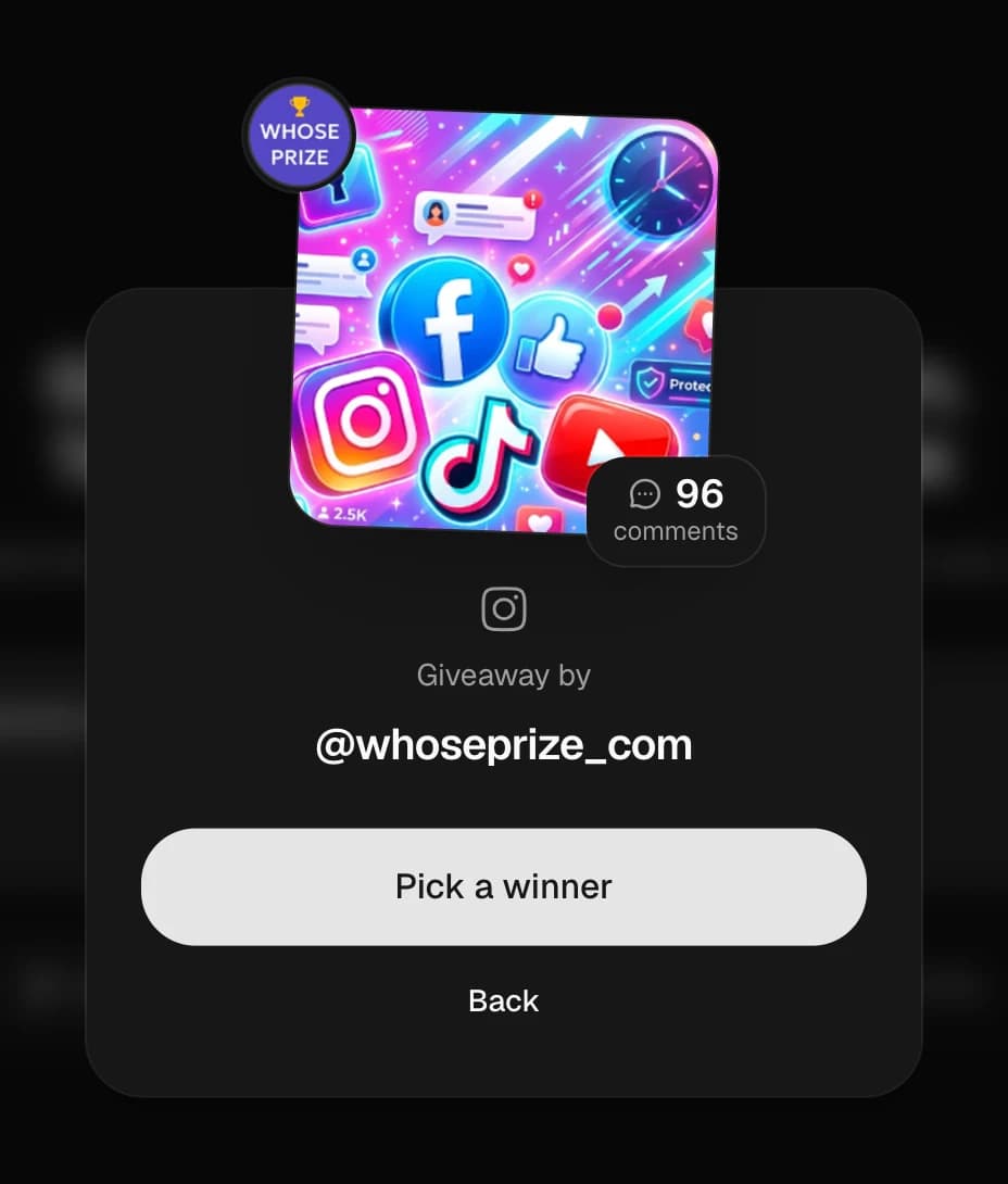 Instagram post card with the comment count and a “Pick a winner” button