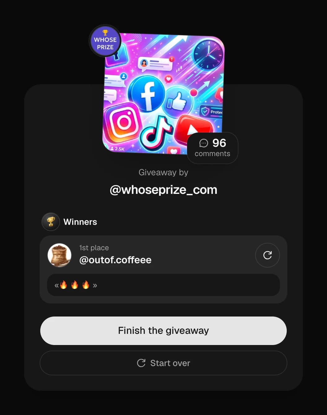 Random giveaway winner with their comment and a re-pick button
