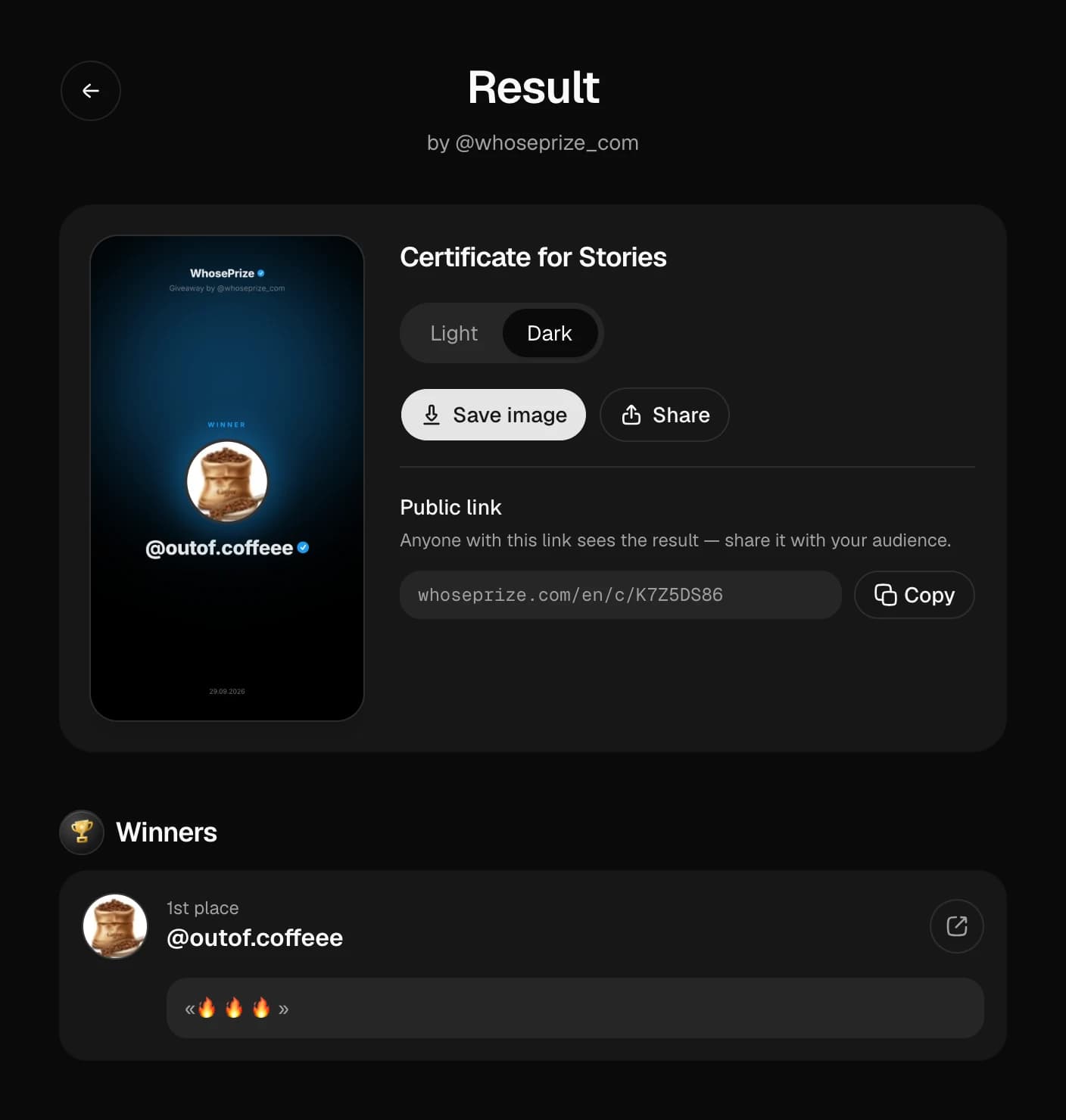 Giveaway result page: winner certificate for Stories, light and dark theme, public link