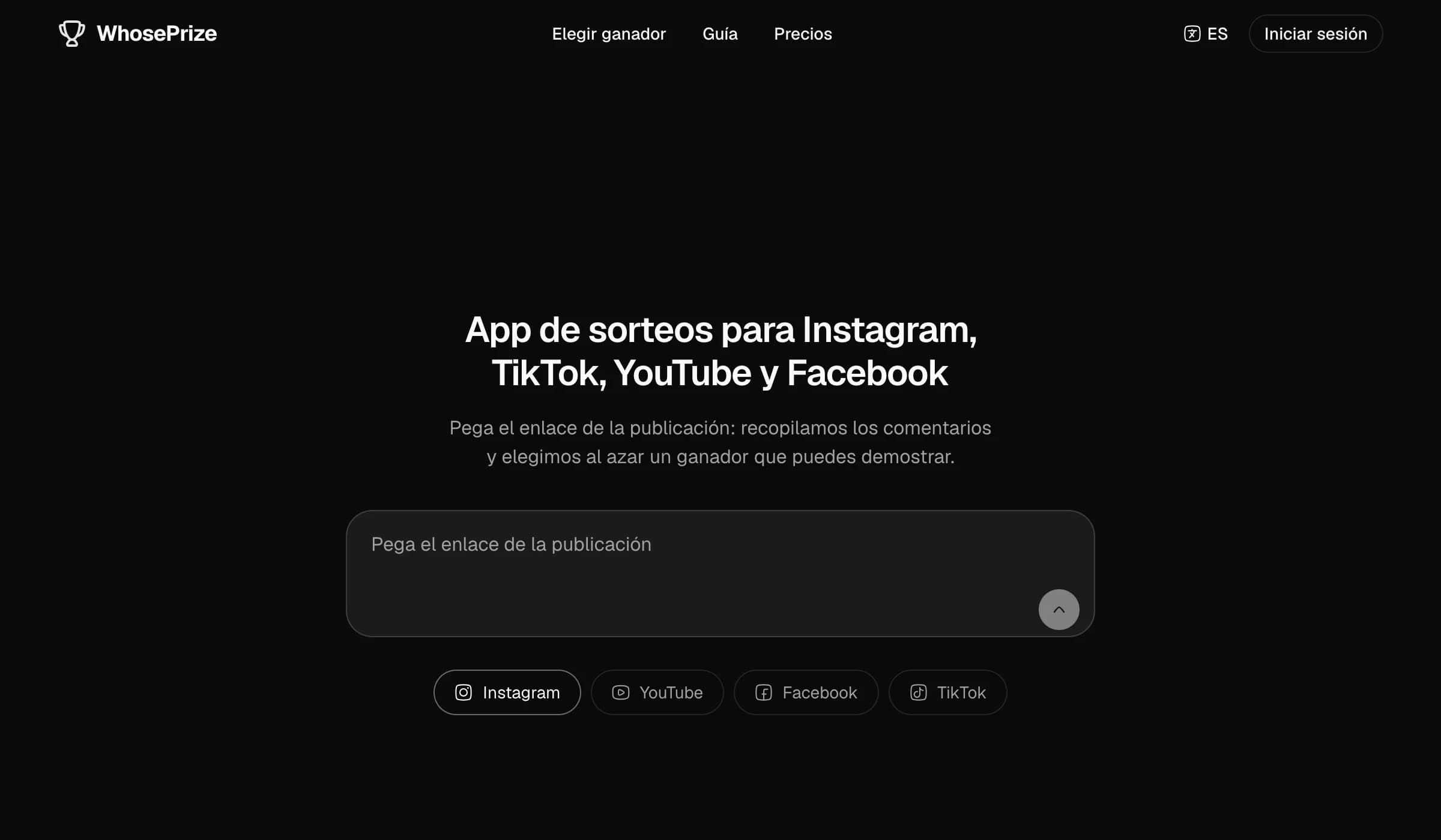 Página principal de la app de sorteos WhosePrize con el campo para pegar el enlace de Instagram, TikTok, YouTube o Facebook