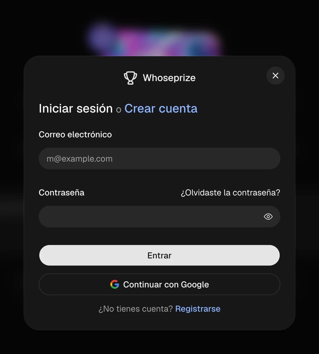 Ventana de inicio de sesión de WhosePrize con correo electrónico o Google