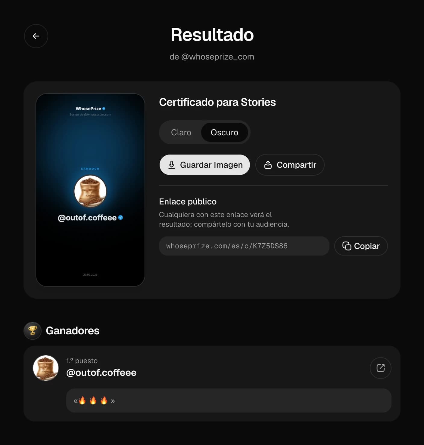 Página de resultado del sorteo: certificado para Stories, tema claro y oscuro, enlace público
