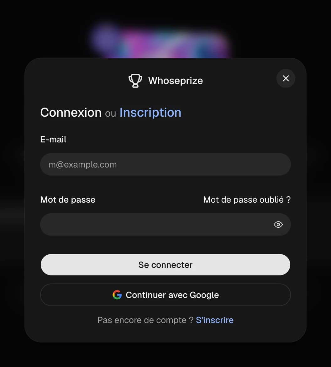 Fenêtre de connexion WhosePrize par e-mail ou avec Google
