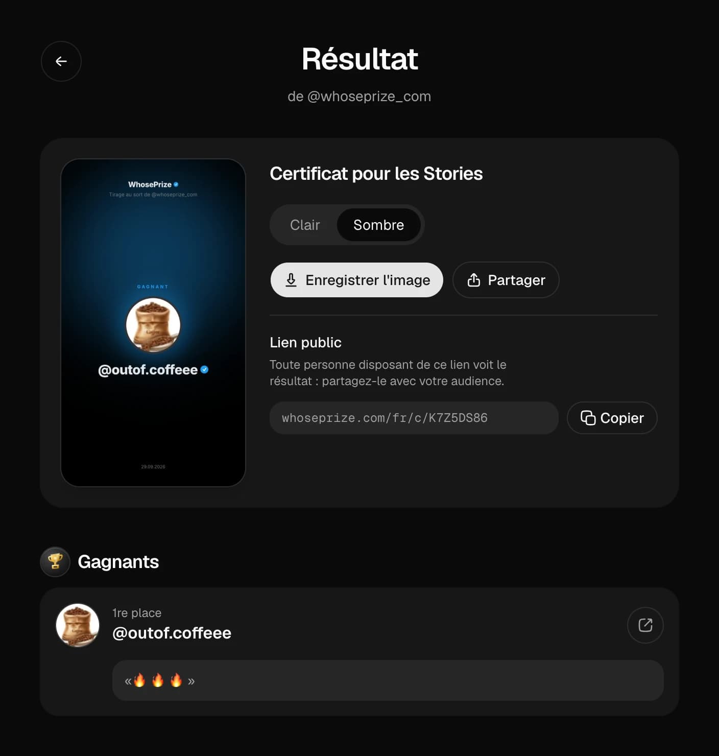 Page de résultat du tirage au sort : certificat du gagnant pour les Stories, thème clair et sombre, lien public
