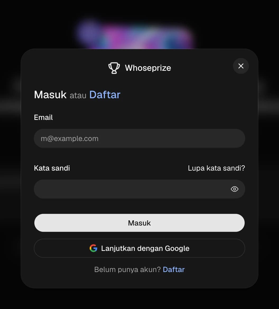 Jendela masuk WhosePrize dengan email atau Google