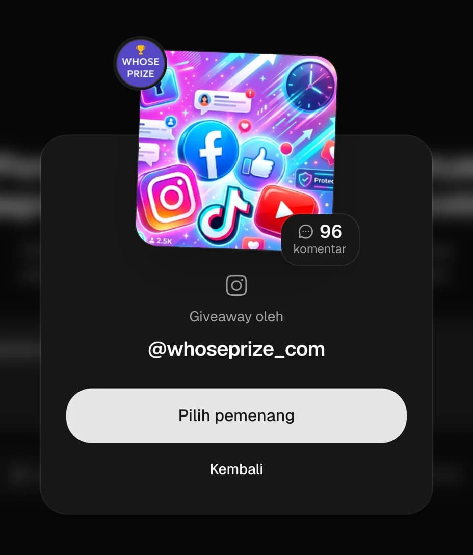 Kartu postingan Instagram dengan jumlah komentar dan tombol “Pilih pemenang”