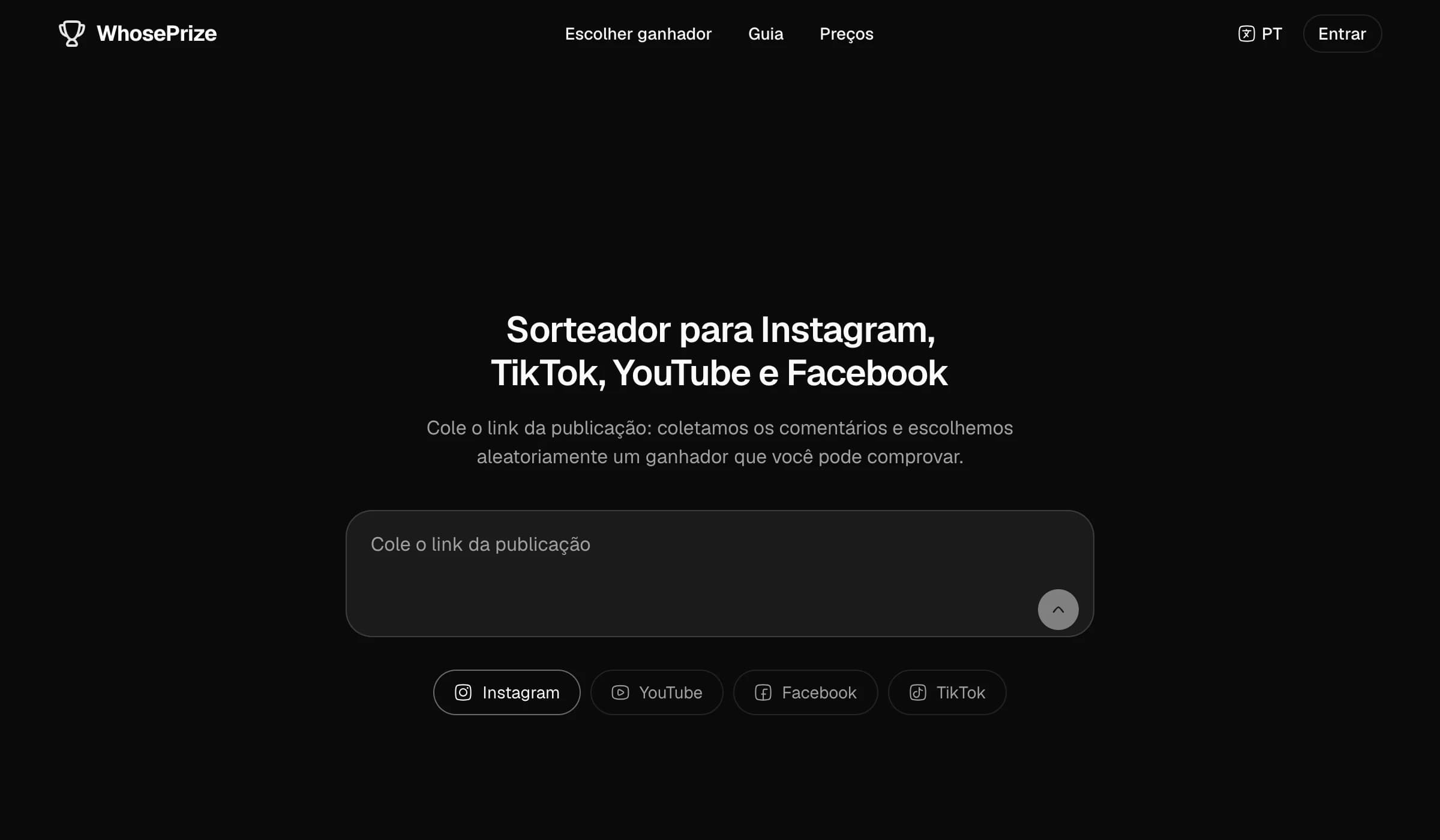 Página inicial do app de sorteio WhosePrize com o campo para colar o link de uma publicação do Instagram, TikTok, YouTube ou Facebook