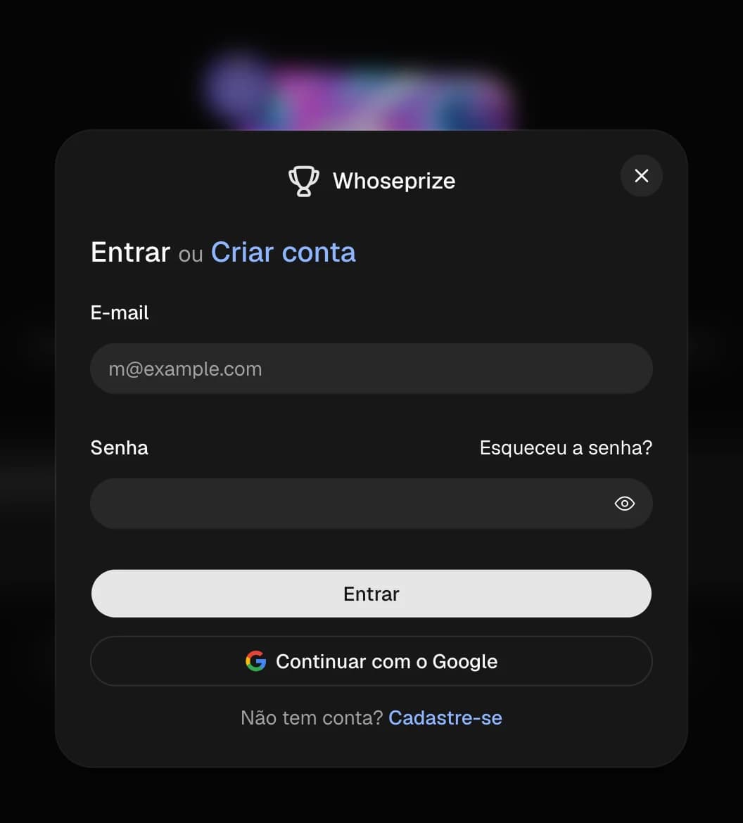 Janela de login do WhosePrize com e-mail ou Google