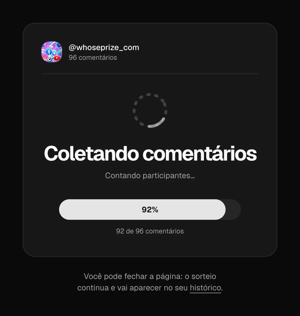 App de sorteio de comentários coletando os participantes do sorteio — barra de progresso