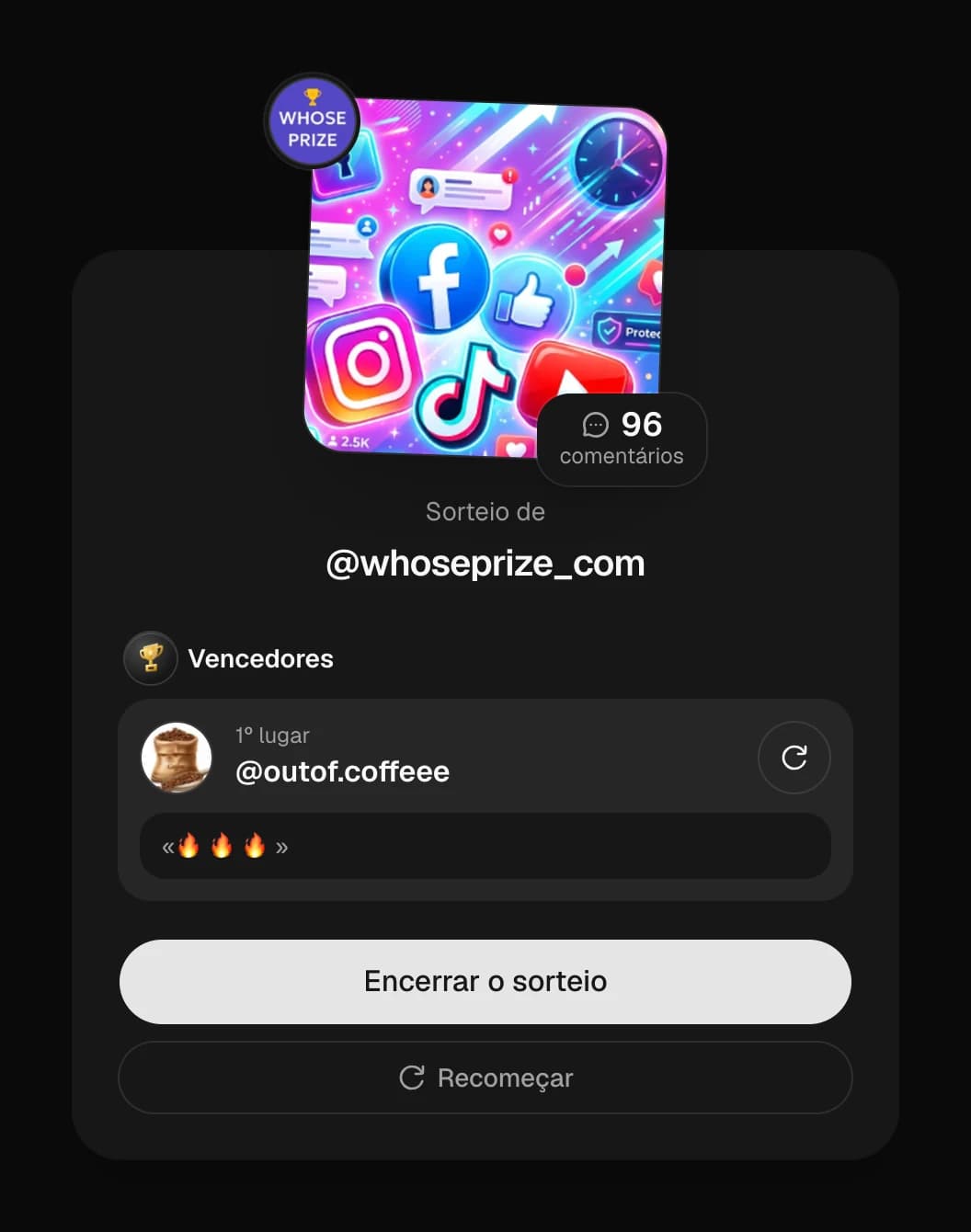 Ganhador do sorteio escolhido aleatoriamente, com o comentário e o botão para sortear de novo
