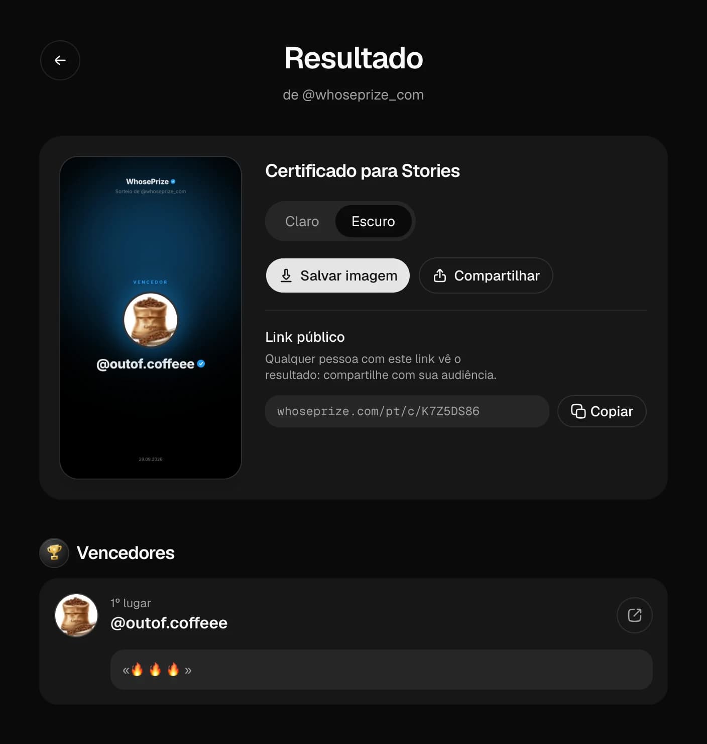 Página de resultado do sorteio: certificado do ganhador para Stories, tema claro e escuro, link público