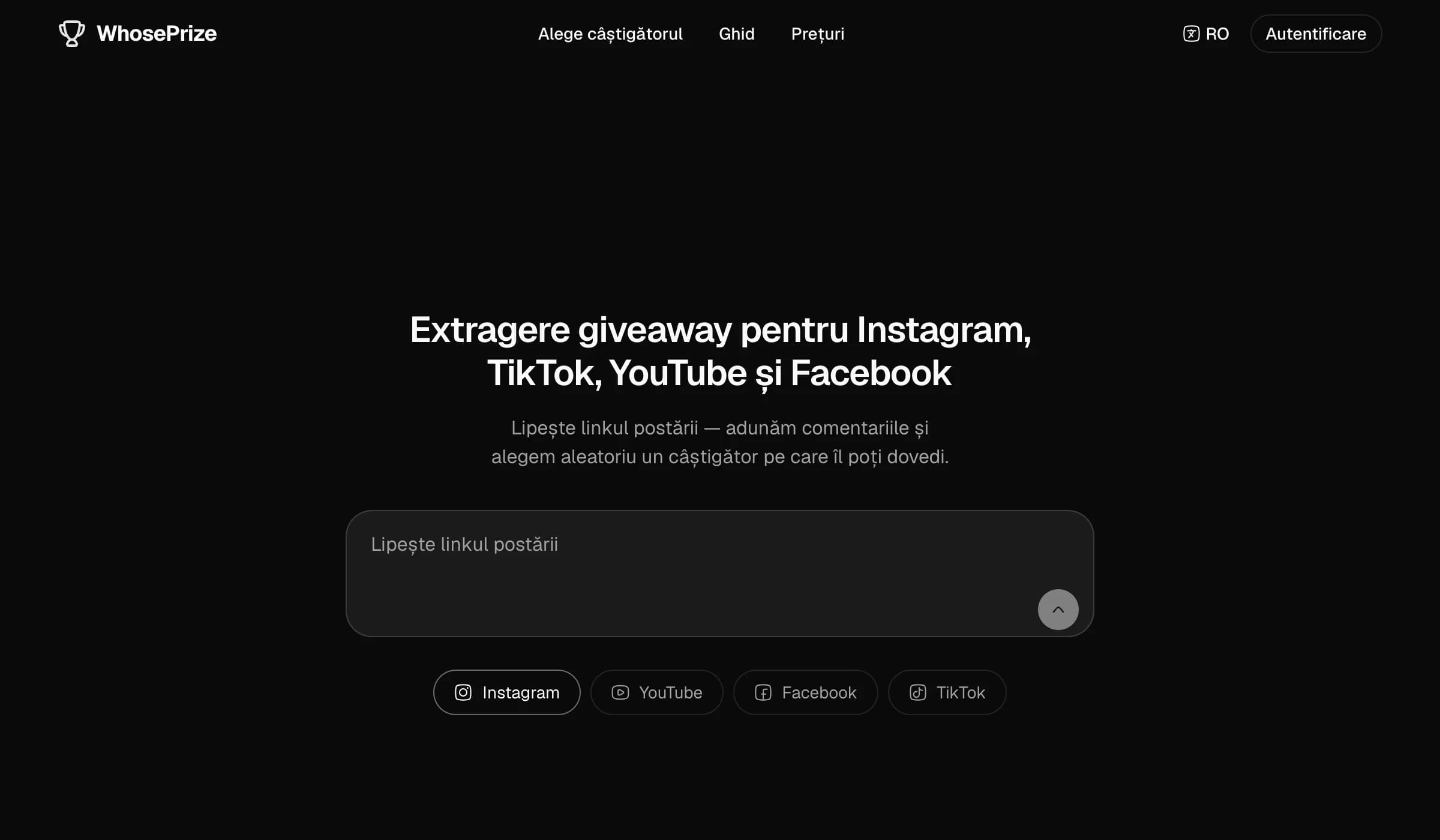 Pagina principală WhosePrize pentru extragere giveaway, cu câmpul pentru linkul unei postări de pe Instagram, TikTok, YouTube sau Facebook