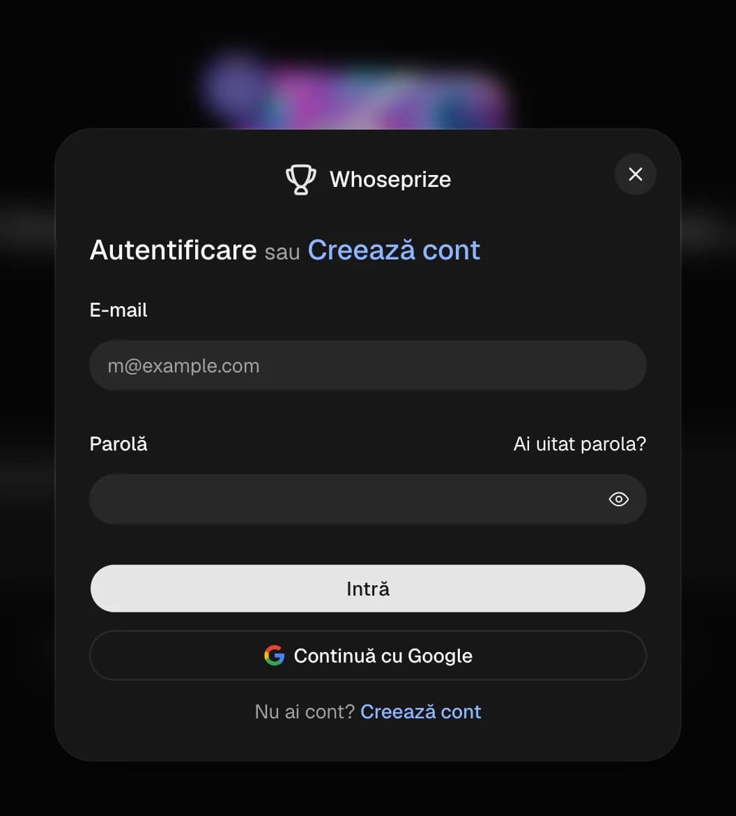 Fereastra de autentificare WhosePrize cu e-mail sau Google