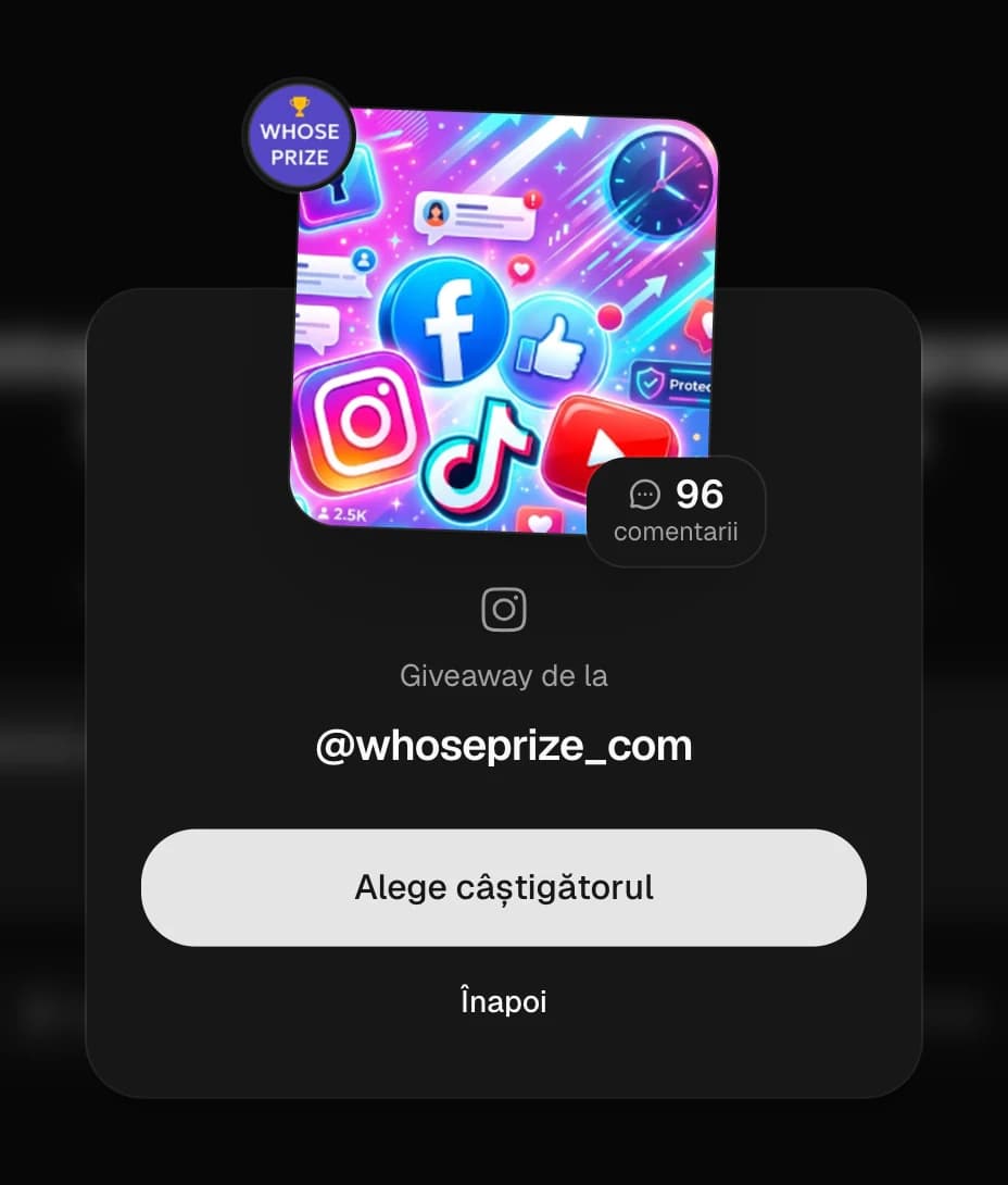 Cardul unei postări de pe Instagram cu numărul de comentarii și butonul „Alege câștigătorul”