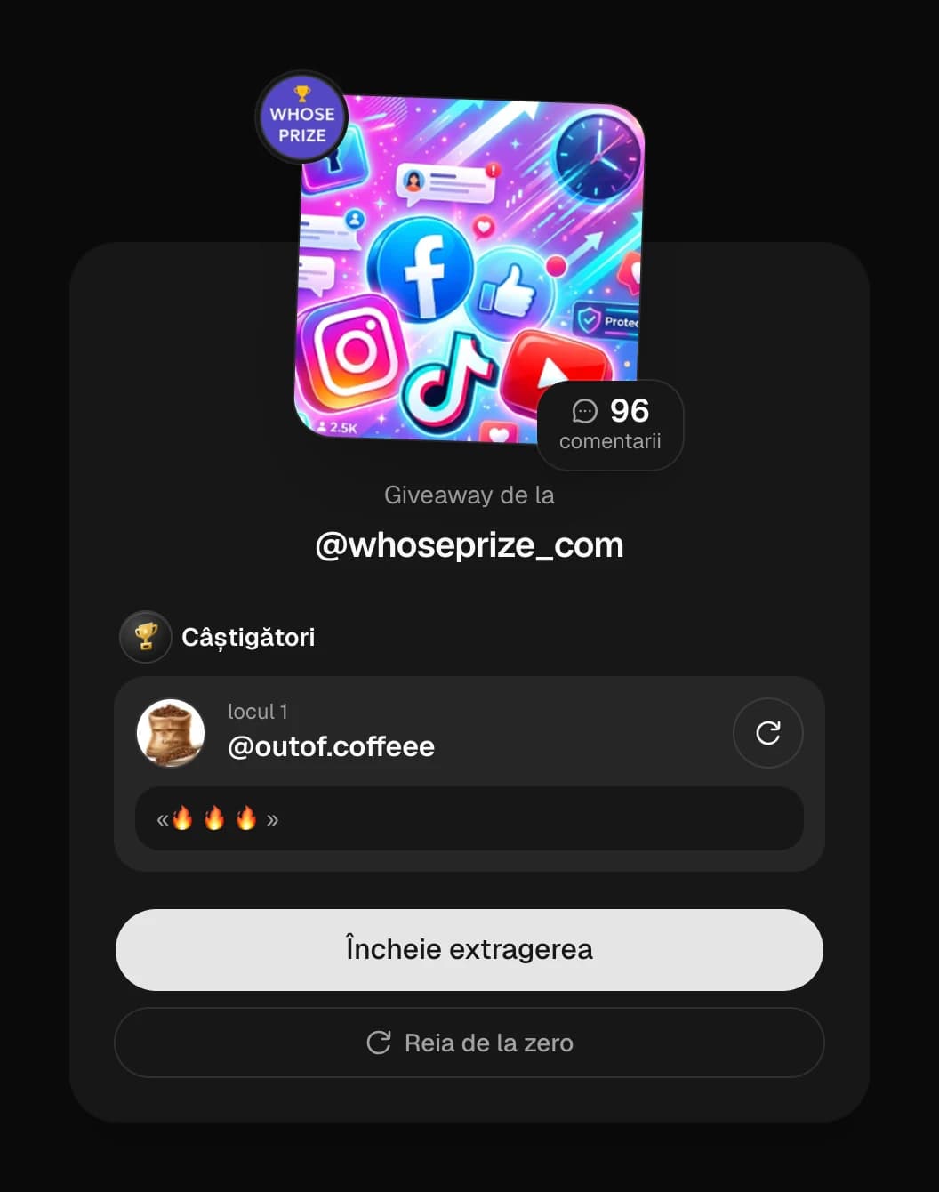 Câștigătorul giveaway-ului ales aleatoriu, cu comentariul lui și butonul „Alege din nou”