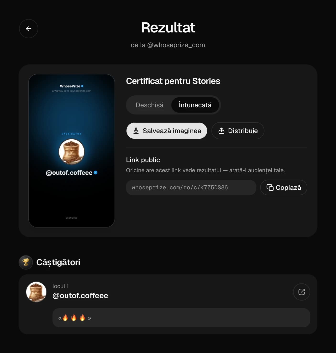 Pagina cu rezultatul giveaway-ului: certificatul câștigătorului pentru Stories, tema deschisă și întunecată, link public