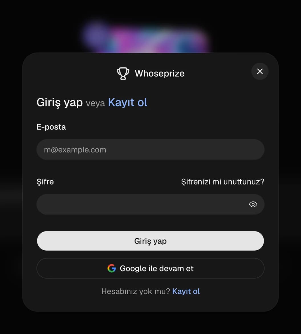 E-posta veya Google ile WhosePrize giriş penceresi